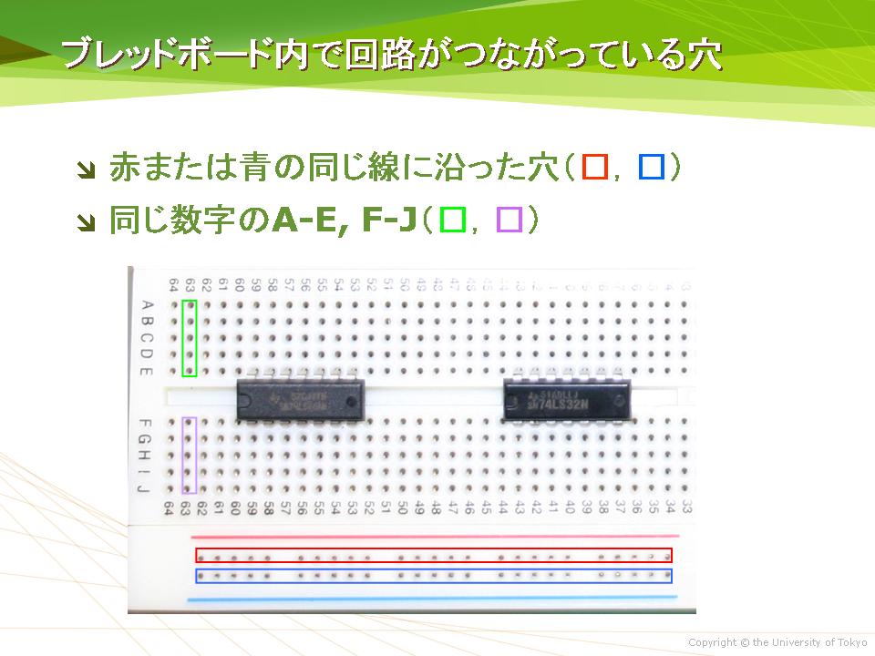 ブレッドボード内で回路がつながっている穴